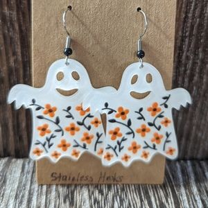 Floral Ghost Dangle Earrings with Stainless Steel Hooks - NEW Handmade